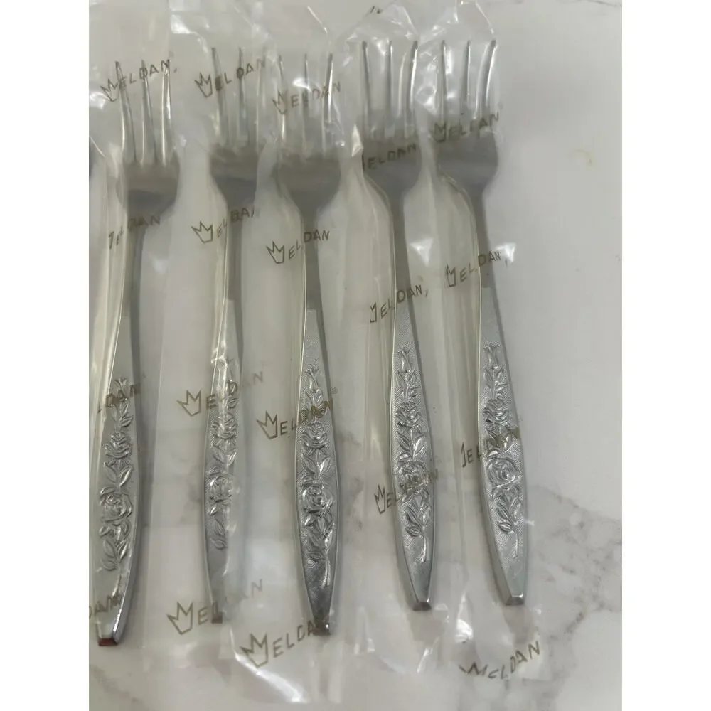 NEW Eldan ELD18 Set Of 8 Seafood Forks MAY ROSE Textured Roses Stainless Vtg MCM